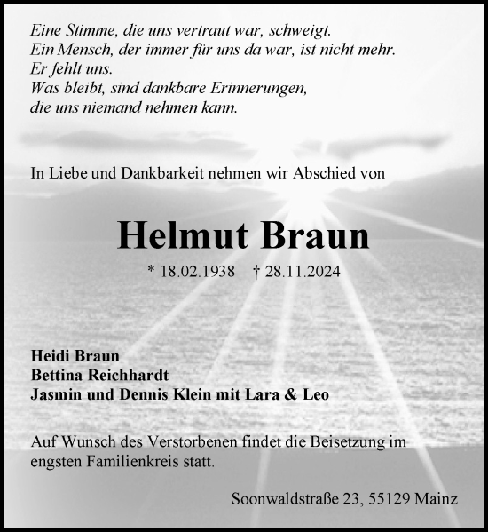 Traueranzeige von Helmut Braun von Allgemeine Zeitung Mainz