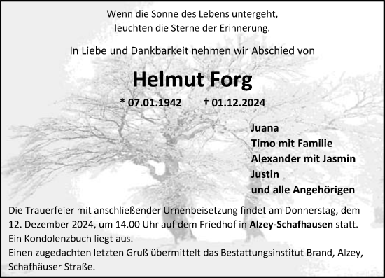 Traueranzeige von Helmut Forg von Allgemeine Zeitung Alzey