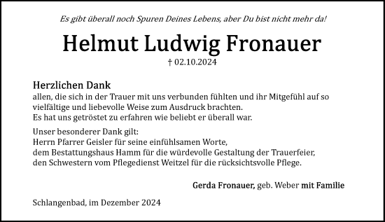 Traueranzeige von Helmut Fronauer von Wiesbadener Kurier