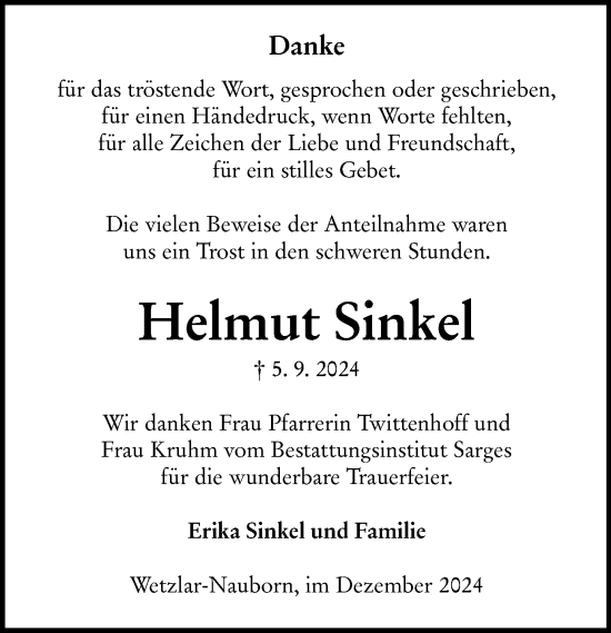 Traueranzeige von Helmut Sinkel von Wetzlarer Neue Zeitung