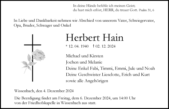 Traueranzeige von Herbert Hain von Dill Block