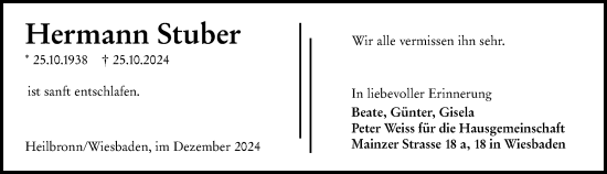 Traueranzeige von Hermann Stuber von Wiesbadener Kurier