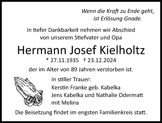 Traueranzeige von Hermann Josef Kielholtz von Dill Block
