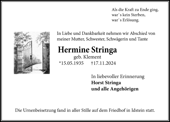 Traueranzeige von Hermine Stringa von Idsteiner Land/Untertaunus