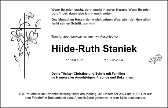 Traueranzeige von Hilde-Ruth Staniek von Hinterländer Anzeiger