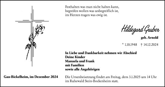 Traueranzeige von Hildegard Gruber von Allgemeine Zeitung Alzey
