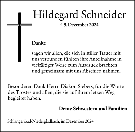 Traueranzeige von Hildegard Schneider von Wiesbadener Kurier