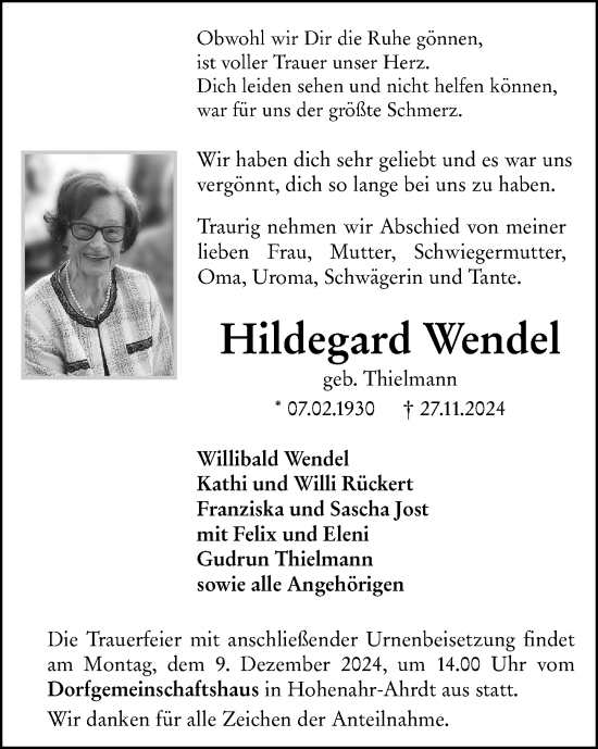 Traueranzeige von Hildegard Wendel von Dill Block