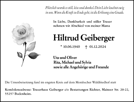 Traueranzeige von Hiltrud Geiberger von Allgemeine Zeitung Mainz