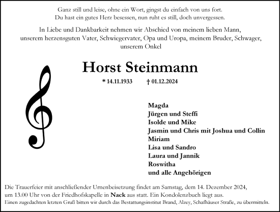 Traueranzeige von Horst Steinmann von Allgemeine Zeitung Alzey