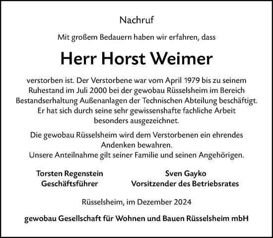 Traueranzeige von Horst Weimer von Rüsselsheimer Echo