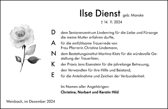 Traueranzeige von Ilse Dienst von Weilburger Tageblatt
