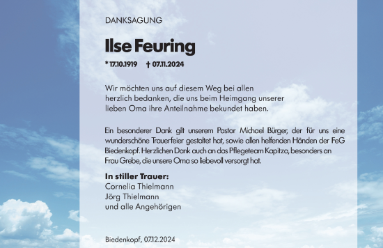 Traueranzeige von Ilse Feuring von Hinterländer Anzeiger