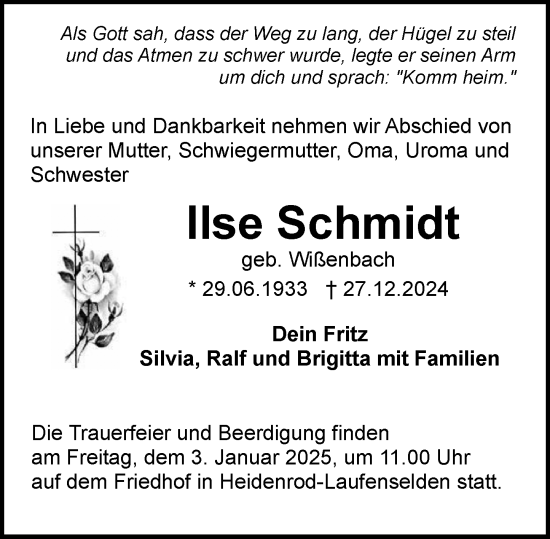 Traueranzeige von Ilse Schmidt von Idsteiner Land/Untertaunus