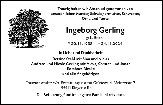 Traueranzeige von Ingeborg Gerling von Allgemeine Zeitung Rheinhessen-Nahe