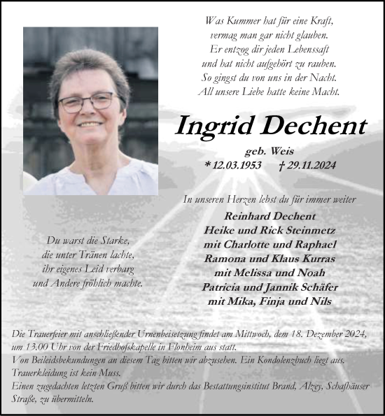 Traueranzeige von Ingrid Dechent von Allgemeine Zeitung Alzey