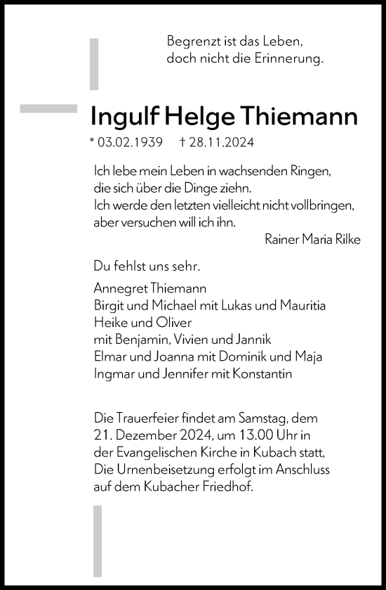 Traueranzeige von Ingulf Helge Thiemann von Weilburger Tageblatt