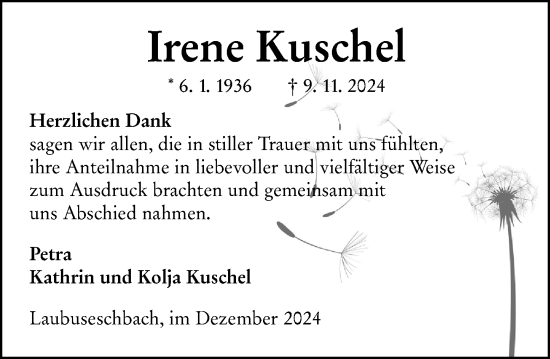 Traueranzeige von Irene Kuschel von Weilburger Tageblatt