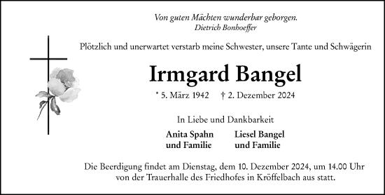 Traueranzeige von Irmgard Bangel von Wetzlarer Neue Zeitung