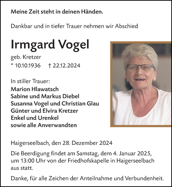 Traueranzeige von Irmgard Vogel von Dill Block