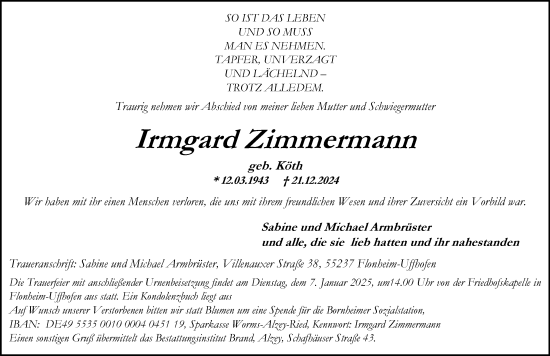 Traueranzeige von Irmgard Zimmermann von Allgemeine Zeitung Alzey
