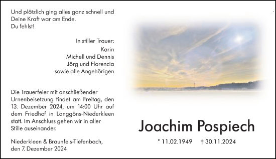 Traueranzeige von Joachim Pospiech von Wetzlarer Neue Zeitung