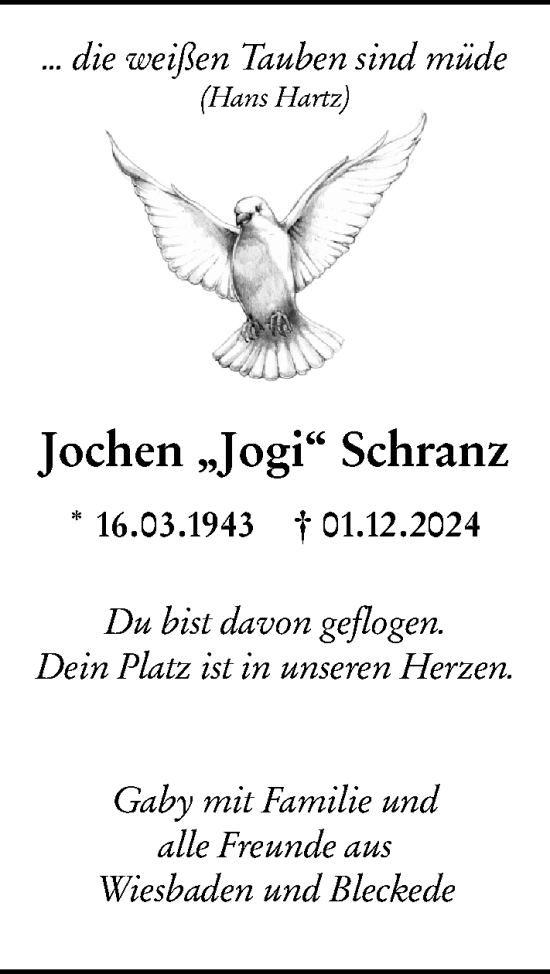 Traueranzeige von Jochen Schranz von Wiesbadener Kurier