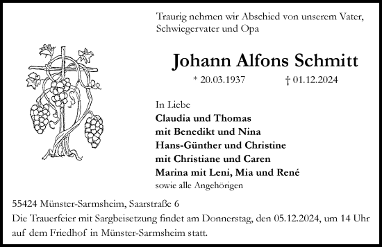 Traueranzeige von Johann Alfons Schmitt von Allgemeine Zeitung Rheinhessen-Nahe