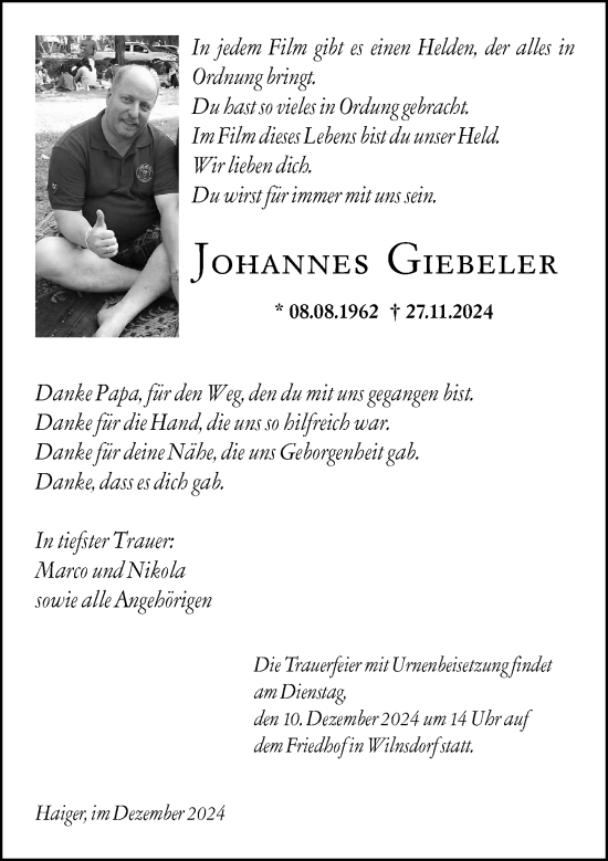 Traueranzeige von Johannes Giebeler von Dill Block