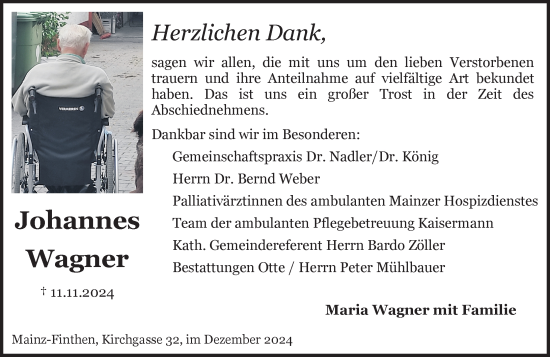 Traueranzeige von Johannes Wagner von Allgemeine Zeitung Mainz