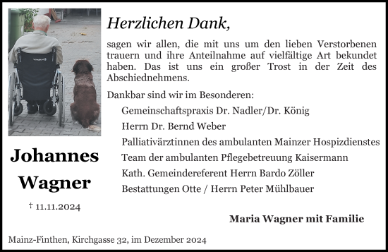 Traueranzeige von Johannes Wagner von Allgemeine Zeitung Mainz