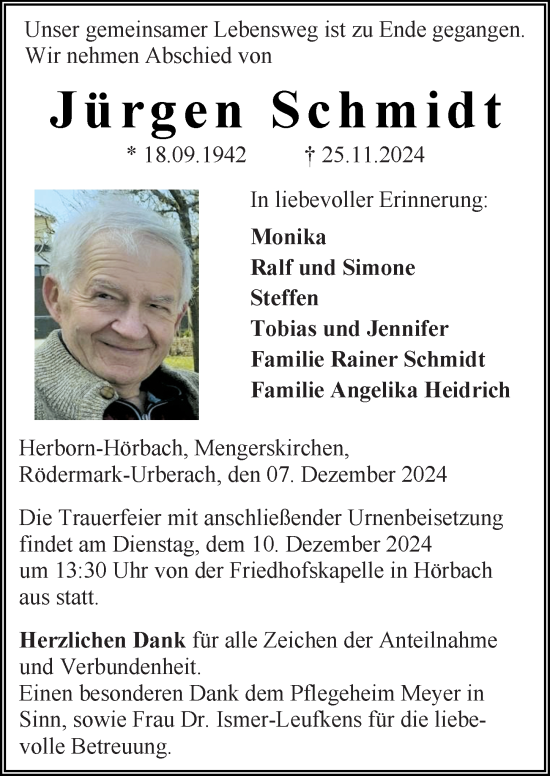 Traueranzeige von Jürgen Schmidt von Dill Block