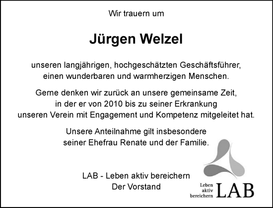 Traueranzeige von Jürgen Welzel von Wiesbadener Kurier