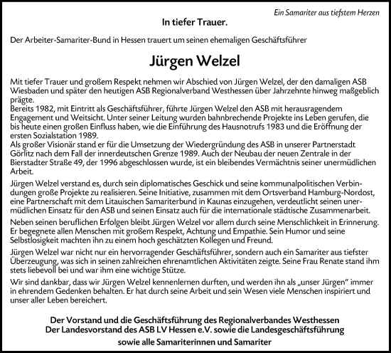 Traueranzeige von Jürgen Welzel von Wiesbadener Kurier