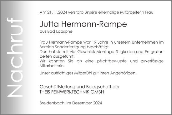 Traueranzeige von Jutta Hermann-Rampe von Hinterländer Anzeiger