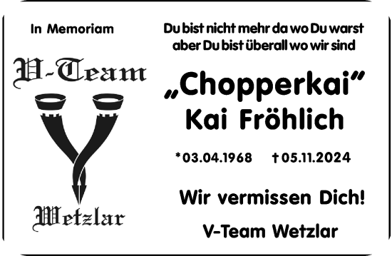 Traueranzeige von Kai Fröhlich von Wetzlarer Neue Zeitung