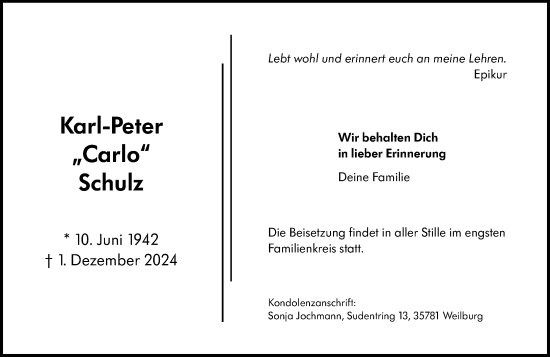 Traueranzeige von Karl-Peter Schulz von Weilburger Tageblatt