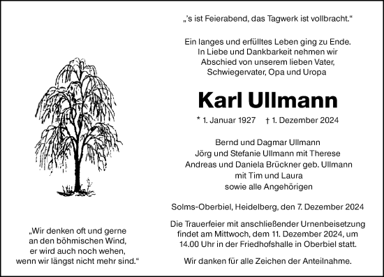 Traueranzeige von Karl Ullmann von Wetzlarer Neue Zeitung