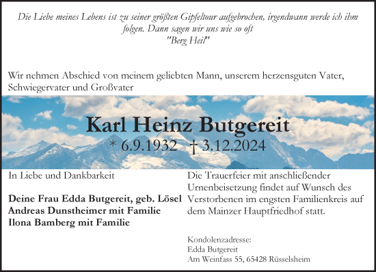 Traueranzeige von Karl Heinz Butgereit von Rüsselsheimer Echo