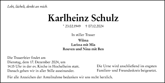 Traueranzeige von Karlheinz Schulz von Wetzlarer Neue Zeitung