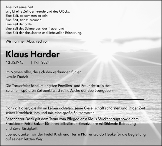 Traueranzeige von Klaus Harder von Weilburger Tageblatt