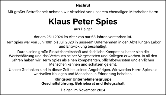 Traueranzeige von Klaus Peter Spies von Dill Block