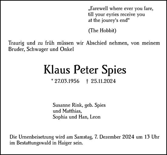 Traueranzeige von Klaus Peter Spies von Dill Block