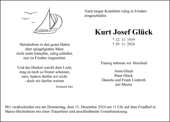 Traueranzeige von Kurt  Glück von Allgemeine Zeitung Mainz