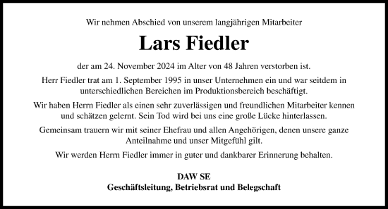 Traueranzeige von Lars Fiedler von Darmstädter Echo