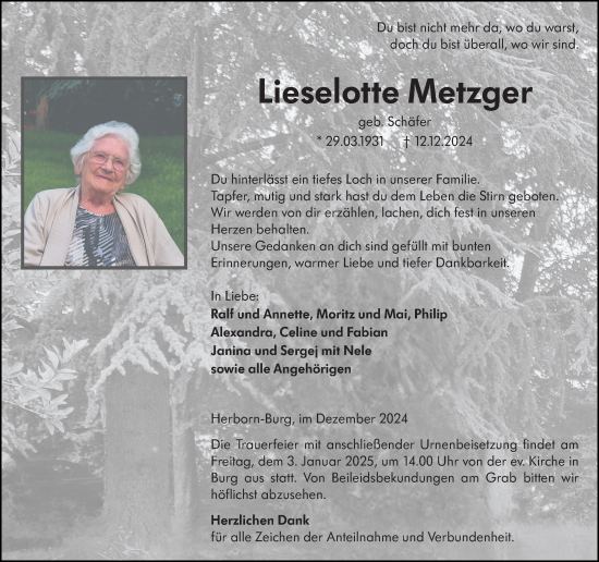 Traueranzeige von Lieselotte Metzger von Dill Block