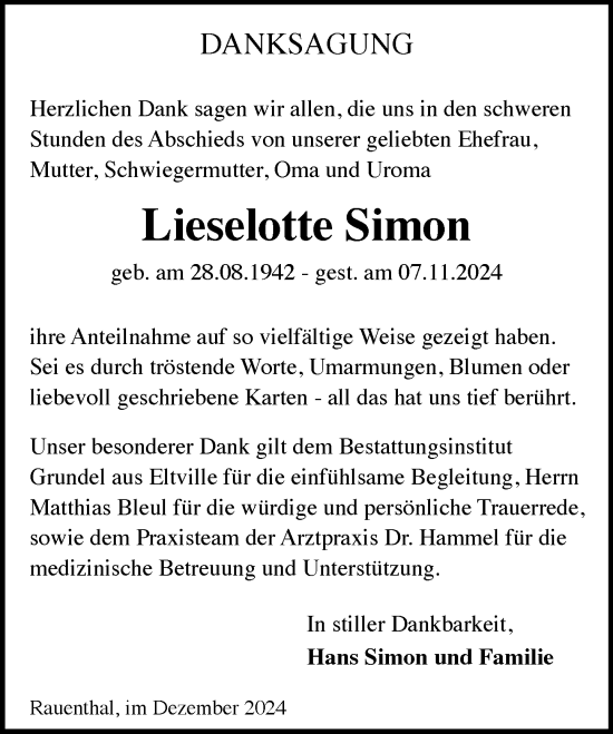 Traueranzeige von Lieselotte Simon von Wiesbadener Kurier