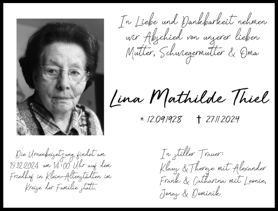 Traueranzeige von Lina  Thiel von Wetzlarer Neue Zeitung