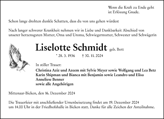 Traueranzeige von Liselotte Schmidt von Dill Block