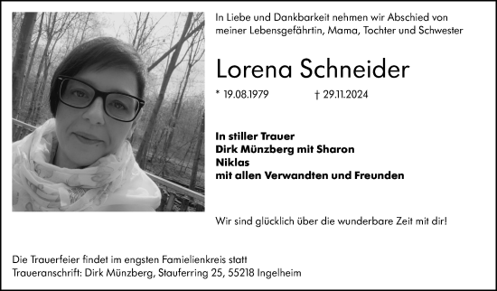 Traueranzeige von Lorena Schneider von Allgemeine Zeitung Rheinhessen-Nahe